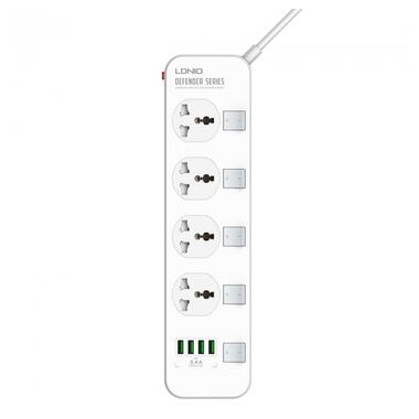 Подовжувач мережевий LDNIO SC4408 |2500W, 2m EU plug, 4USB, 4 Sockets 3.4A| білий фото №1