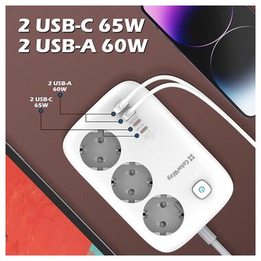 Фільтр живлення ColorWay CW-CHE34PDW GaN3 Pro PD 65W (2USB-A+2 TYPE-C) 3 розетки, 4 USB, 2 м, білий фото №9