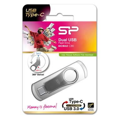 USB флеш накопичувач Silicon Power 128 GB DriveMobile C80 USB 3.1 + Type-C Silver (SP128GBUC3C80V1S) фото №4