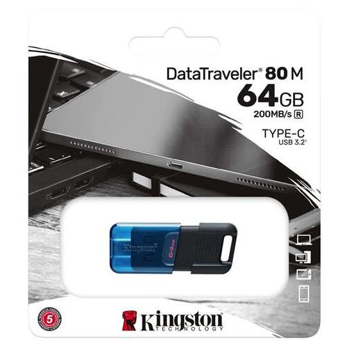 Флеш-накопичувач USB3.2 64GB Type-C Kingston DataTraveler 80 M Blue/Black (DT80M/64GB) фото №3