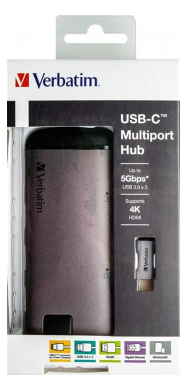 Концентратор USB-C Verbatim USB-C/3xUSB3.0/HDMI/SD/mSD/RJ45 (49142), сріблястий/чорний фото №3
