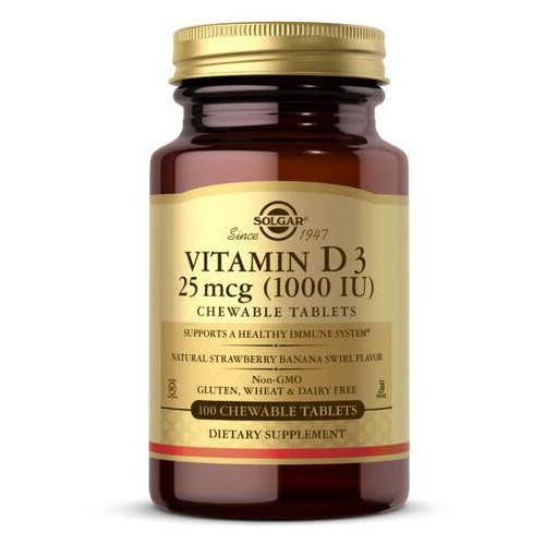 Вітаміни та мінерали Solgar Vitamin D3 (Cholecalciferol) 25 mcg 100 жувальних таблеток полуниця-банан фото №1
