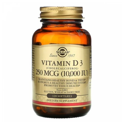 Натуральний вітамін D3 Solgar Vitamin D3 250 мкг 10000 МО 120 гелевих капсул фото №1