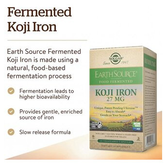 Залізо Solgar (EarthSource Food Fermented Koji Iron) 27 мг 60 вегетаріанських капсул (SOL-00535) фото №6
