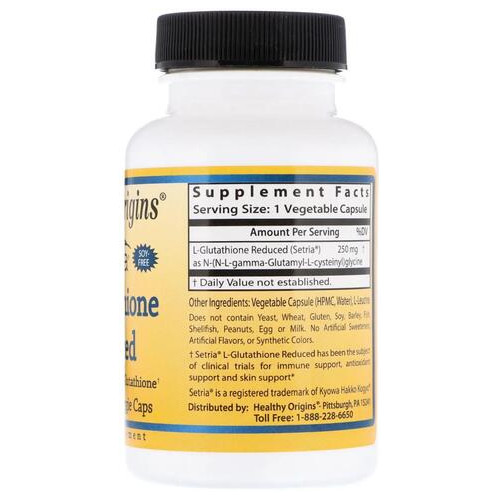 L-глутатион сокращенный, L-Glutathione Reduced, Healthy Origins, 250 мг, 60 капсул фото №2