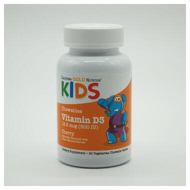 Вітаміни та мінерали California Gold Nutrition Kids Vitamin D3 12.5 mcg (500 IU) Chewable 90 жувальних таблеток вишня фото №1
