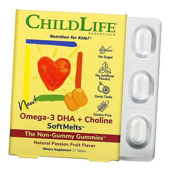 Омега-3 ДГК + холін SoftMelts, натуральний смак маракуї, Omega-3 DHA + Choline SoftMelts, Natural Passion Fruit Flavor, ChildLife, 27 таблеток фото №1