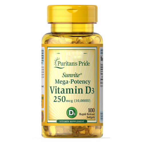 Вітаміни Puritan's Pride Vitamin D3 250 mcg (10000 IU) 100 капсул (4384302300) фото №1