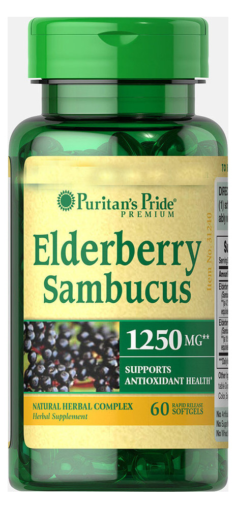Спеціальний продукт Puritans Pride Elderberry Sambucus 1250 mg 60 капсул (4384301532) фото №1