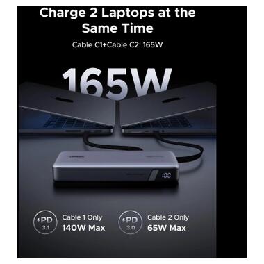 Батарея универсальная Ugreen 25000mAh 165W DualCable (PB552 55995B) фото №2