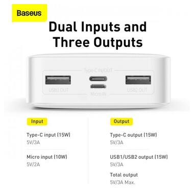 УМБ BASEUS Bipow Digital Display Power bank 20000mAh |2USB/1Type-C, 3A/15W, QC| (PPDML-J02) біла фото №3