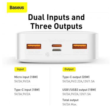 УМБ BASEUS Bipow Digital Display Power bank 20000mAh |2USB/1Type-C, PD/QC, 20W, 3A| (PPDML-M02) біла фото №3