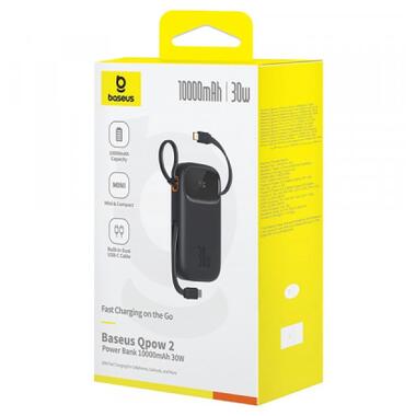 Батарея универсальная Baseus 10000mAh Qpow 2 30W PD/3.0, QC/3.0, w/built-in USB-C cable, Black (P10055008113) фото №7