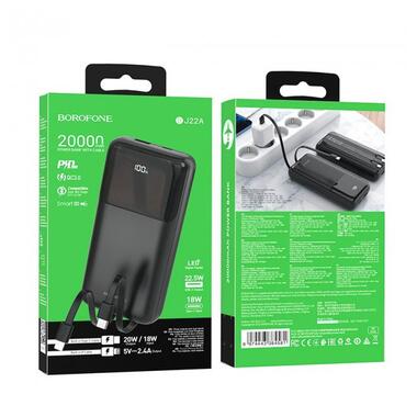 УМБ BOROFONE BJ22A fully compatible power bank with cable 20000mAh |1USB/1Type-C, 20W/3A, PD/QC| чорна фото №6