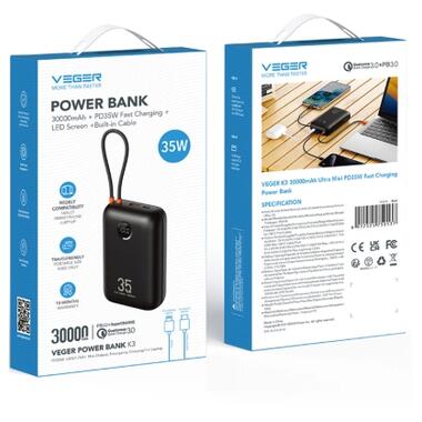 Батарея универсальная VEGER 30000mAh K3 35W PD QC3.0 black (6977525750137) фото №5