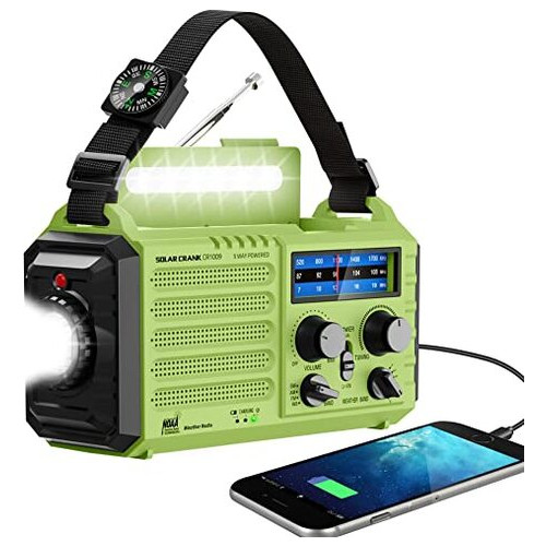 Радіо та зовнішній акумулятор 5000mAh Eoxsmile із сонячною батареєю та оповіщенням про погоду NOAA, ліхтарик, лампа для читання, сигналізація (зелений) фото №1