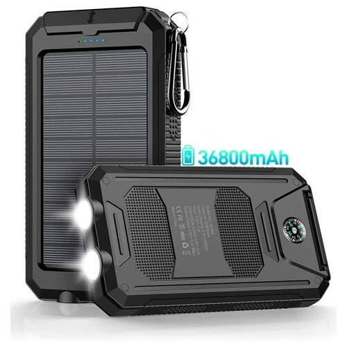 Зовнішній акумулятор Kapurui 36800mAh водонепроникний із сонячною зарядкою QC 3.0 5V 3.1A (Black) фото №1