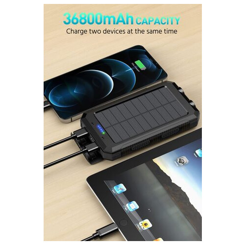 Зовнішній акумулятор Kapurui 36800mAh водонепроникний із сонячною зарядкою QC 3.0 5V 3.1A (Black) фото №2