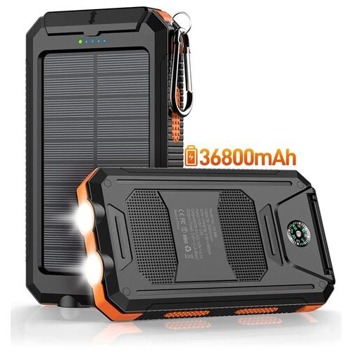 Зовнішній акумулятор Kapurui 36800mAh водонепроникний із сонячною зарядкою QC 3.0 5V 3.1A швидким USB та ліхтариком (Orange) фото №1