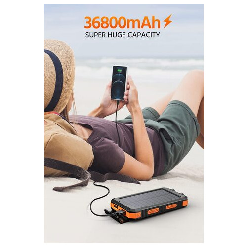 Зовнішній акумулятор Kapurui 36800mAh водонепроникний із сонячною зарядкою QC 3.0 5V 3.1A швидким USB та ліхтариком (Orange) фото №7