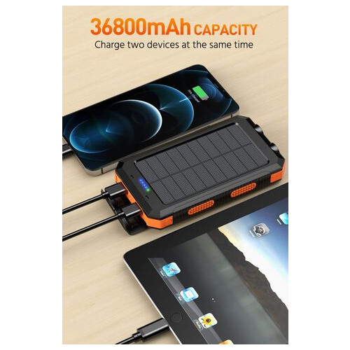 Зовнішній акумулятор Kapurui 36800mAh водонепроникний із сонячною зарядкою QC 3.0 5V 3.1A швидким USB та ліхтариком (Orange) фото №2