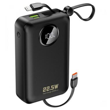Батарея универсальная Dudao 20000mAh K14+ 22.5W, PD, QC, USB-A, USB-C(In/Out), with built-in USB-C/Lightning cables, Black (6977196680016) фото №1