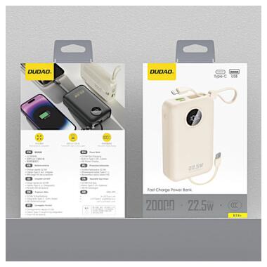 Батарея универсальная Dudao 20000mAh K14+ 22.5W, PD, QC, USB-A, USB-C(In/Out), with built-in USB-C/Lightning cables, White (6977196680023) фото №2