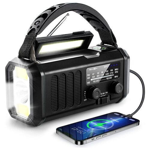 Сонячне радіо Leaton Black з повербанком 10000 мАг NOAA/AM/FM, зарядка USB Type-C, ліхтарик та світлодіодна лампа для читання фото №1