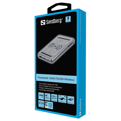 УМБ Sandberg PD 20W 10000 mAh, Wireless QI 15W, USB, 2xType-C OUT (420-61_VW) фото №2