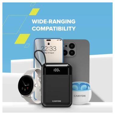 Батарея универсальная Canyon 10000mAh OnPower 104 PD/20W, QC/22.5W built-in cable Black (CNS-CPB104B) фото №9