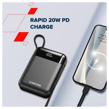 Батарея универсальная Canyon 10000mAh OnPower 104 PD/20W, QC/22.5W built-in cable Black (CNS-CPB104B) фото №7
