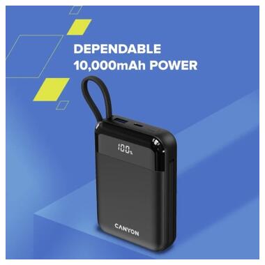 Батарея универсальная Canyon 10000mAh OnPower 104 PD/20W, QC/22.5W built-in cable Black (CNS-CPB104B) фото №6