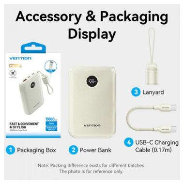 Батарея универсальная Vention 10000mAh 22,5W Fast Charging, USB-A, 2xUSB-C Beige (FKAN0-C) фото №3