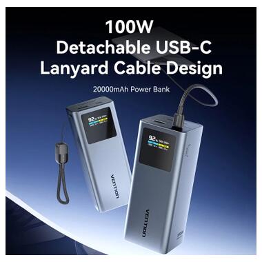 Батарея универсальная Vention 20000 mAh 100W Gray TFT Display Type (FKCH0) фото №3