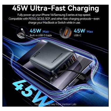 Батарея универсальная Vention 20000 mAh 45W Mini with Built-in USB-C Cable Gray (FHGH0) фото №6