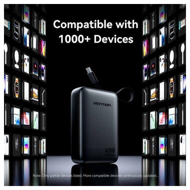 Батарея универсальная Vention 20000 mAh 45W Mini with Built-in USB-C Cable Gray (FHGH0) фото №9