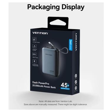 Батарея универсальная Vention 20000 mAh 45W Mini with Built-in USB-C Cable Gray (FHGH0) фото №10