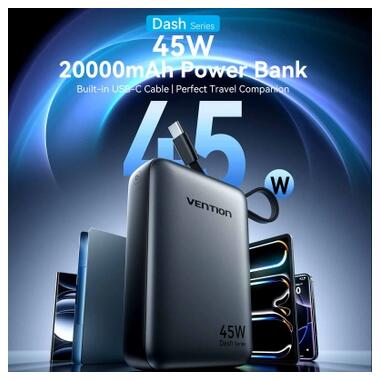 Батарея универсальная Vention 20000 mAh 45W Mini with Built-in USB-C Cable Gray (FHGH0) фото №2