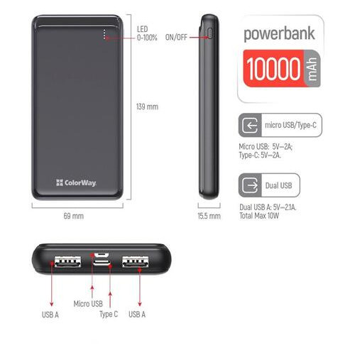 Універсальна мобільна батарея ColorWay Slim 10000mAh Black (CW-PB100LPF2BK) фото №5