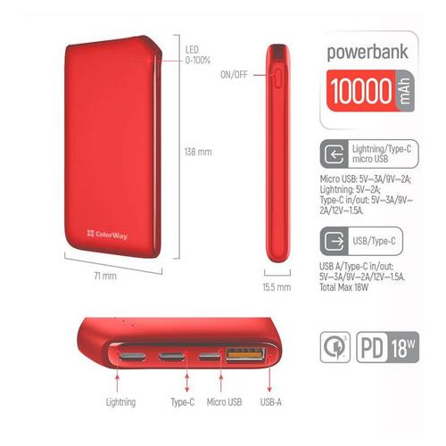 Універсальна мобільна батарея ColorWay Soft Touch 10000mAh Red (CW-PB100LPE3RD-PD) фото №7