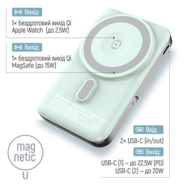 Батарея универсальная ColorWay 10 000 mAh PD/22.5W, 15W MagSafe & Watch Wireless Aquamarine (CW-PB100LPA2MT-WPDD) фото №7