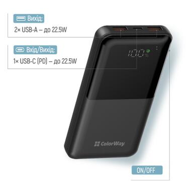 Батарея универсальная ColorWay 10 000 mAh PD/22.5W, QC/3.0, LCD, Black (CW-PB100LPB3BK-PDD) фото №6