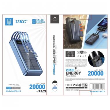 УМБ портативне зарядне Power Bank UKC Solar Z 8412 20000mAh, з кабелями та сонячною панеллю, синє фото №9