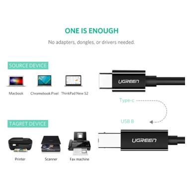 Кабель для принтера USB-C 2.0 to BM 2.0m US241 черный Ugreen (50446) фото №6