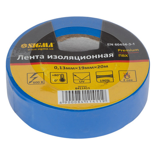 Стрічка ізоляційна Sigma Premium ПВХ 0.13ммx19ммx20м Синя (8411411) фото №1