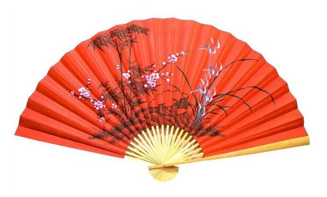 Веер Даршан настенный Бамбук с сакурой на красном фоне шелк 90см (25075) фото №2