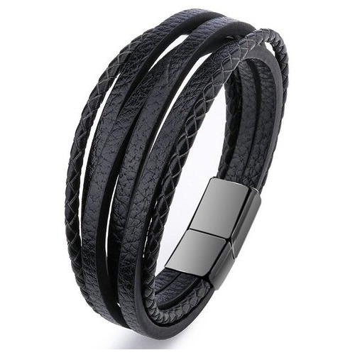 Чоловічий шкіряний браслет Primo Rope Style з магнітною застібкою - Black фото №1