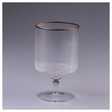 Келих для вина фігурний на ніжці прозорий ребристий із золотим обідком столовий набір 6 шт (HP83) фото №1