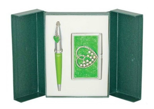 Подарунковий набір Langres Crystal Heart кулькова ручка з візитницею зелений LS.122008-04 фото №1