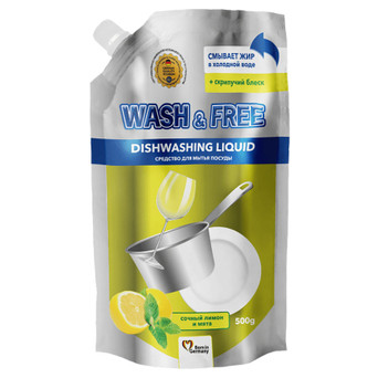 Засіб для ручного миття посуду Wash&Free соковитий лимон та м'ята дой-пак 500 г (4260637724663) фото №1